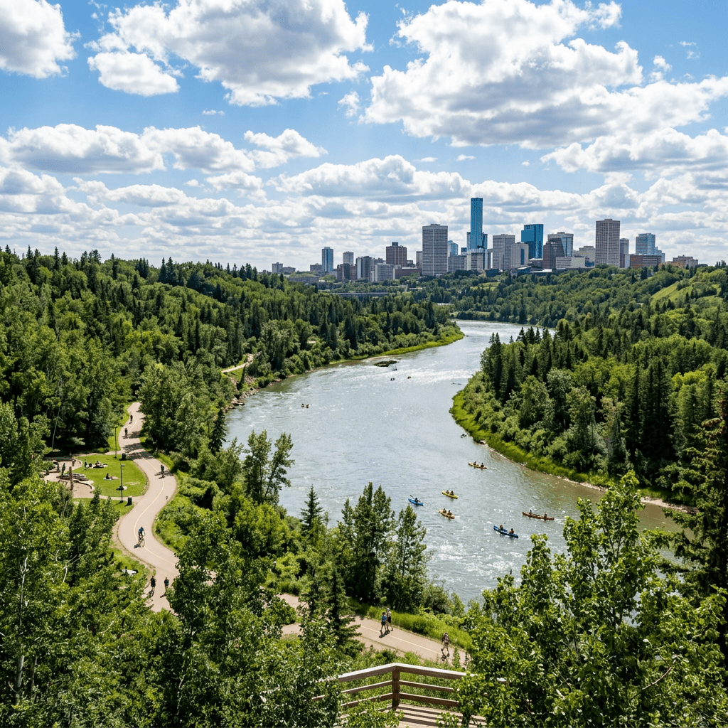 River winding through green forested hills with kayakers and city skyline in distance