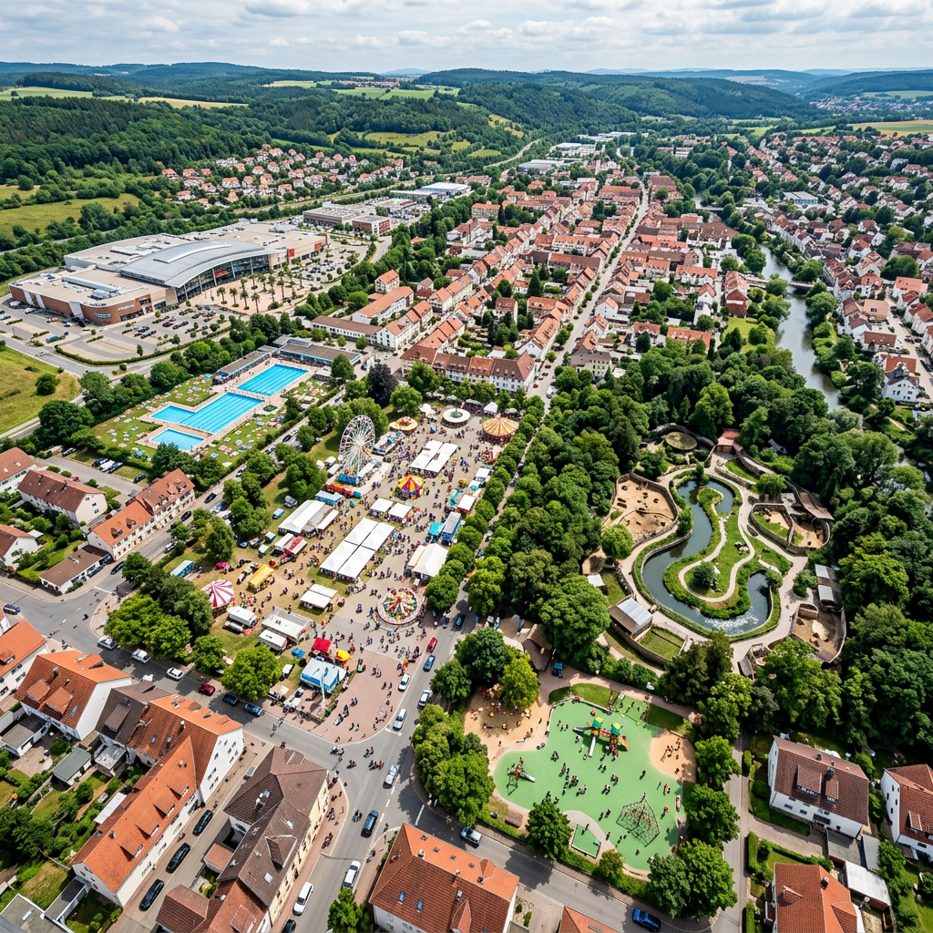 Aerial view of a town with a festival, swimming pool, and green park areas